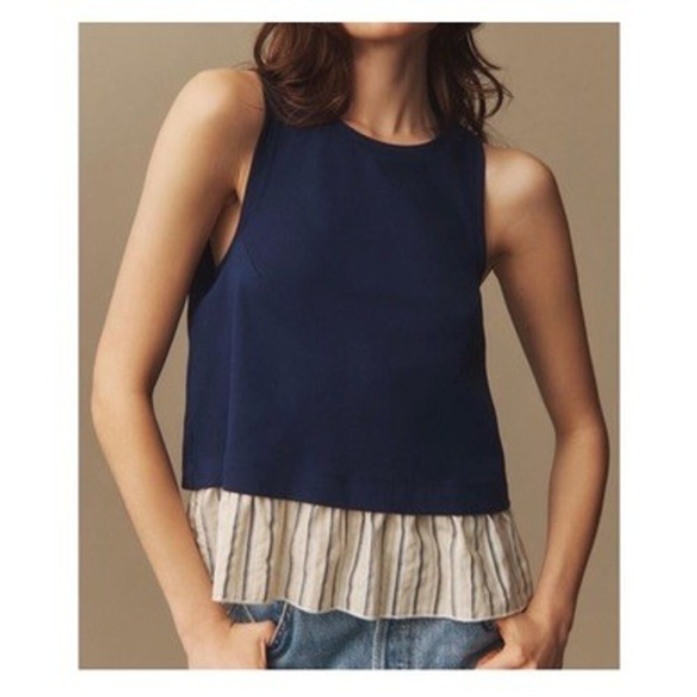 Anthropologie Navy Blue Mixed Media Open Back Striped Peplum Tank Top Small